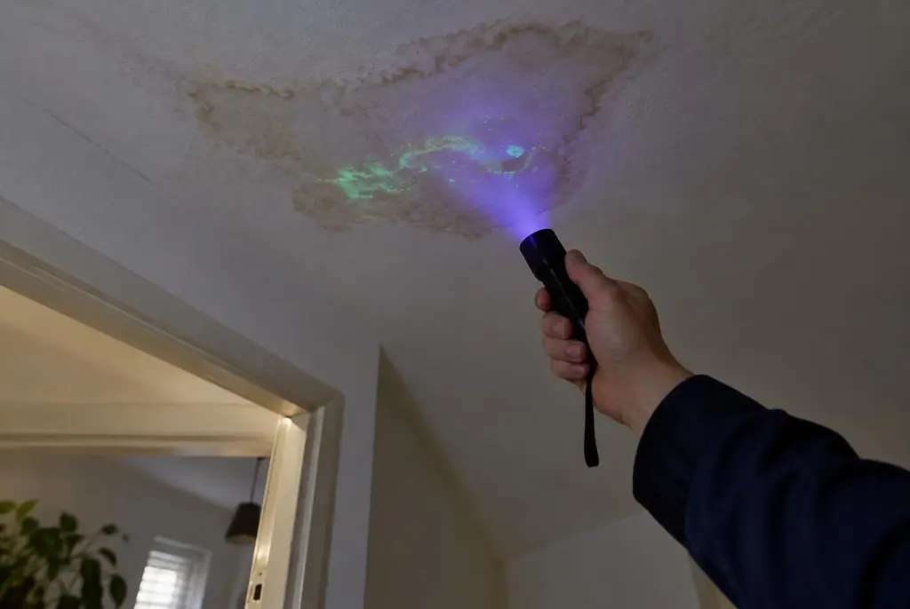 Lekdetectie Noordwijk – kleurstof controleren op het plafond met uv-licht