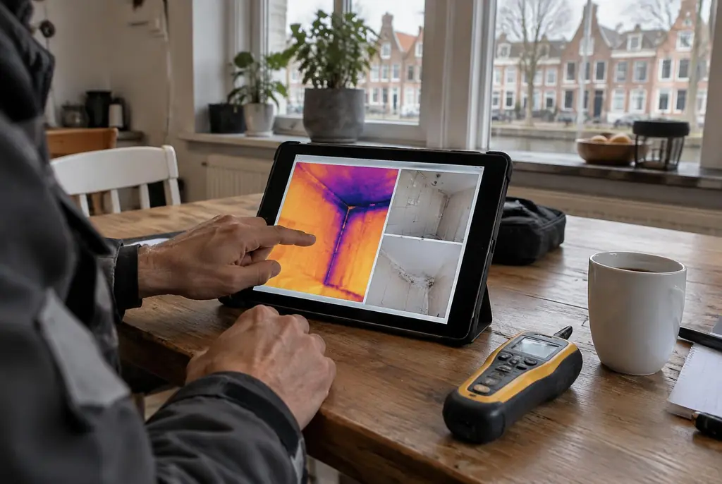 Lekdetectie Noordwijk – lekdetectierapport met warmtebeelden en foto's op een tablet