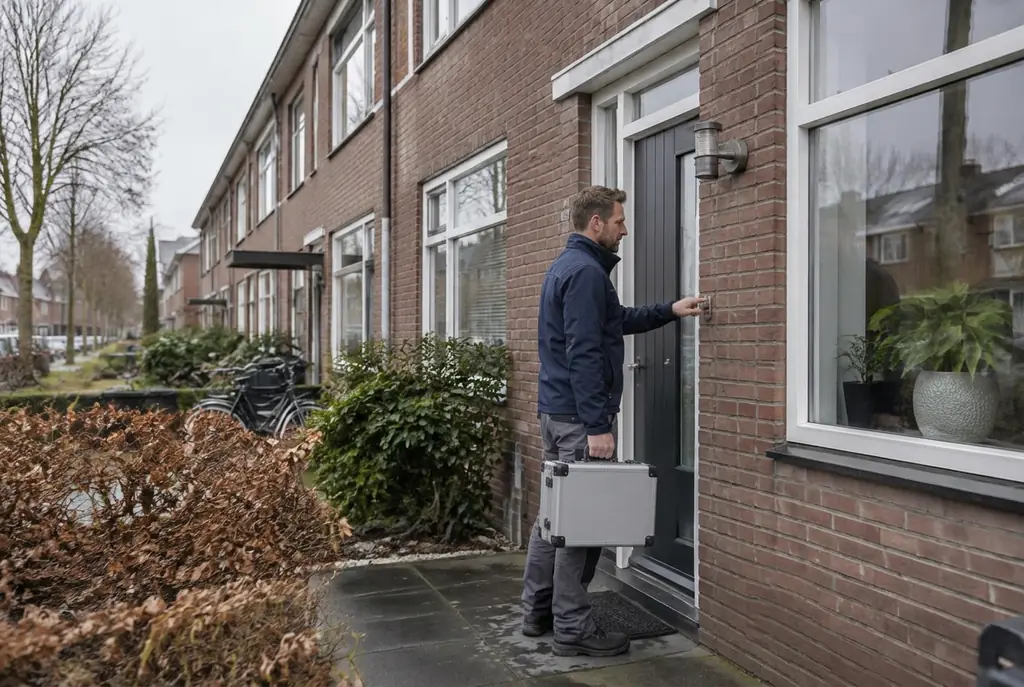 Lekdetectiespecialist met meetkoffer bij de voordeur van een woning in Noordwijk